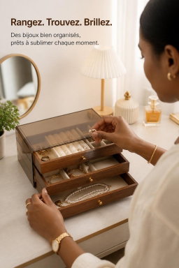 Boîte à Bijoux de Rangement à 3 Tiroirs avec Couvercle Transparent