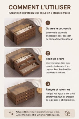 Boîte à Bijoux de Rangement à 3 Tiroirs avec Couvercle Transparent