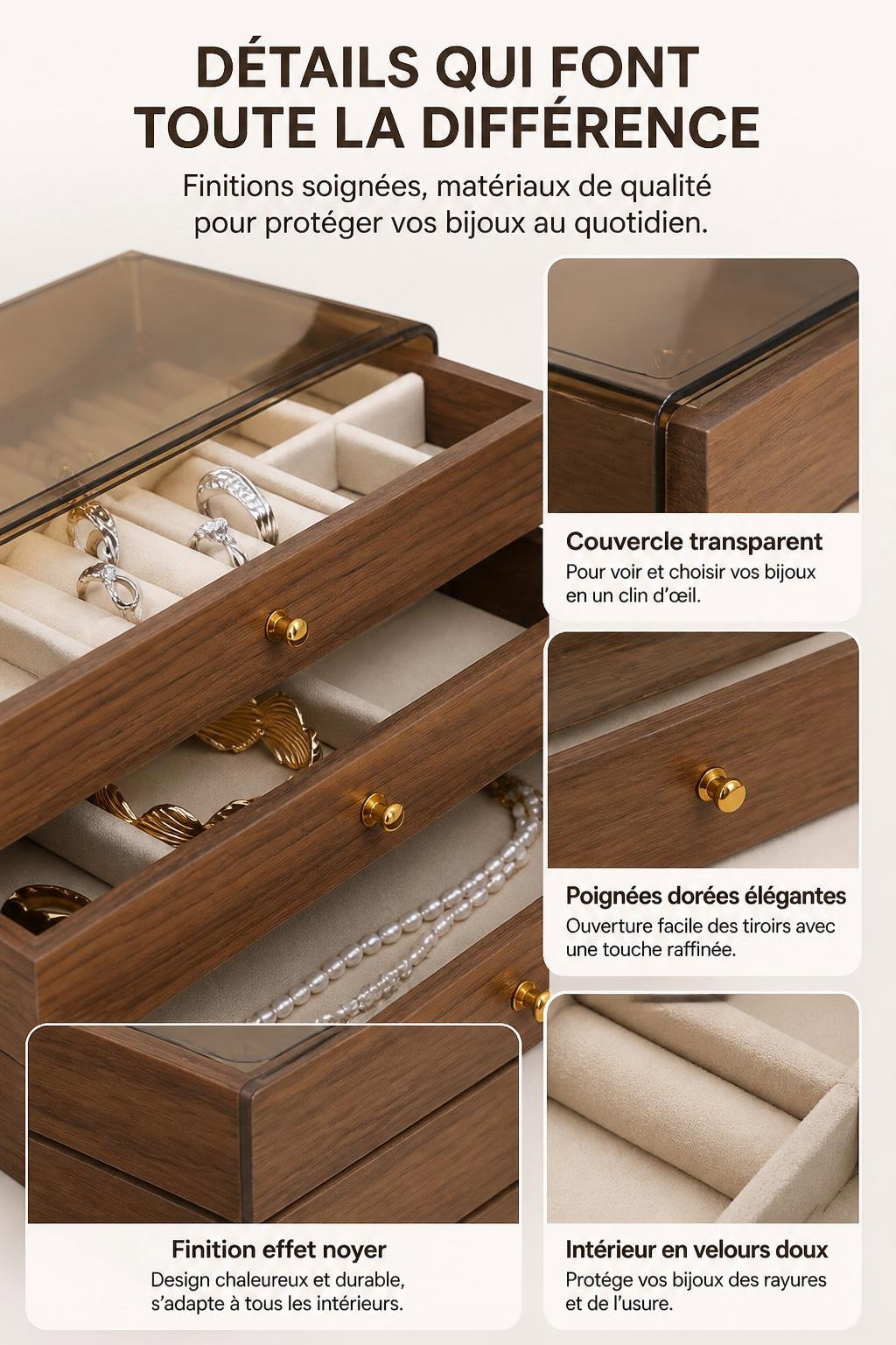 Boîte à Bijoux de Rangement à 3 Tiroirs avec Couvercle Transparent_2