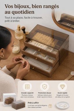 Boîte à Bijoux de Rangement à 3 Tiroirs avec Couvercle Transparent