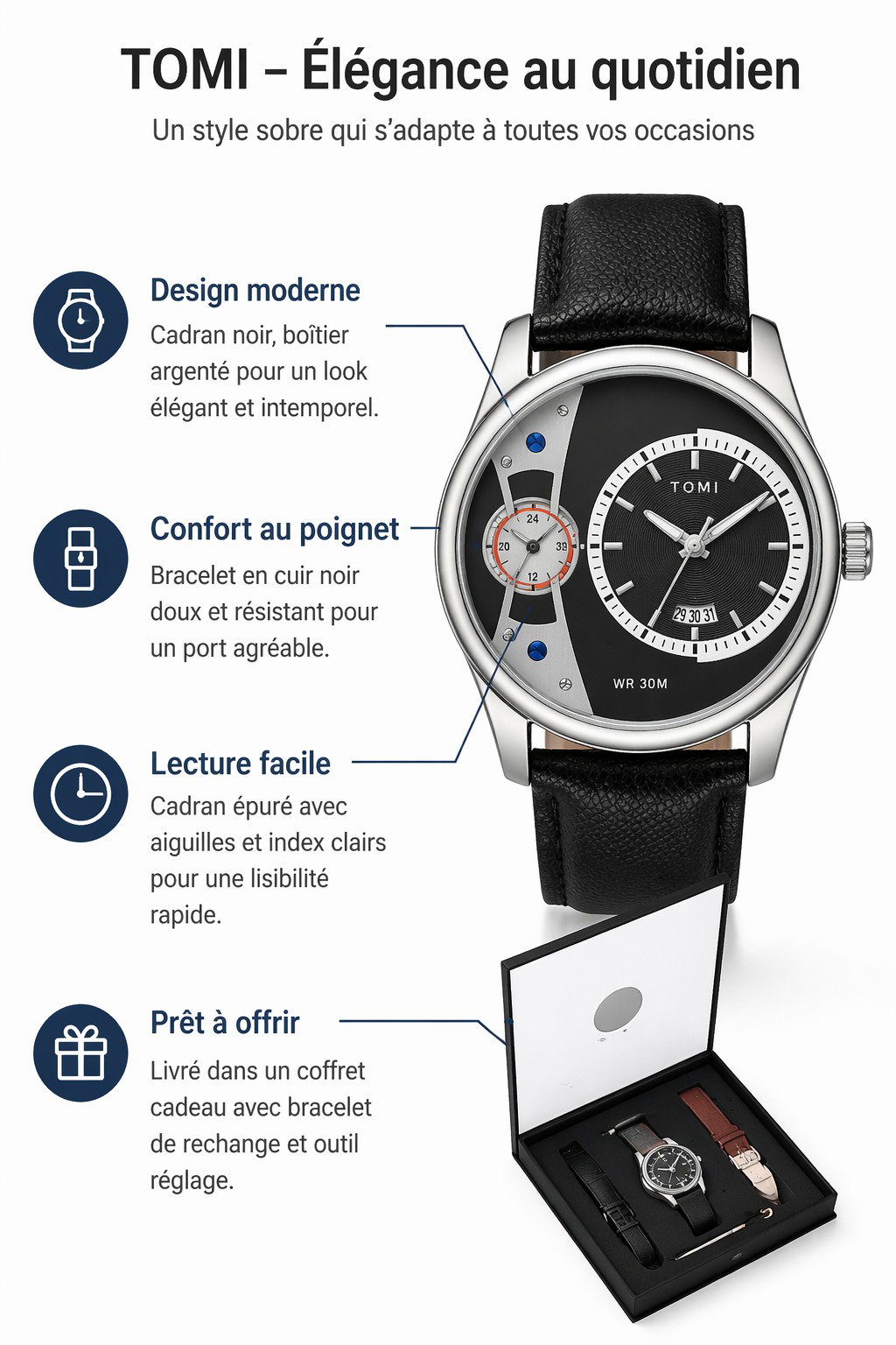 Montre Homme TOMI Élégante avec Bracelets Interchangeables – Coffret Cadeau_2