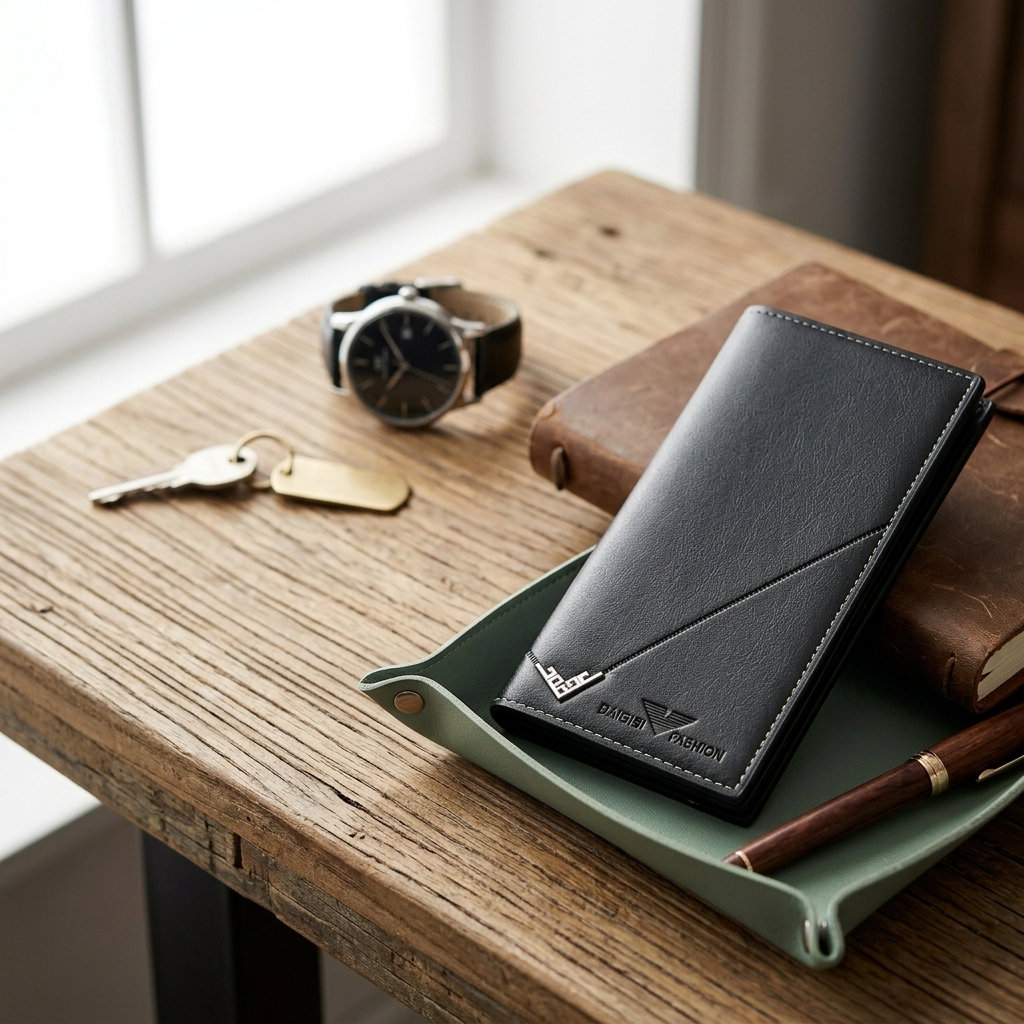 Men's long PU leather vertical wallet (available in colors like black and dark brown) featuring a multi-card slot design, metal corner accent, and a slim folding layout. _2