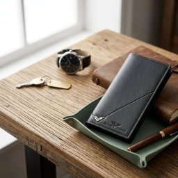 Men's long PU leather vertical wallet (available in colors like black and dark brown) featuring a multi-card slot design, metal corner accent, and a slim folding layout. 