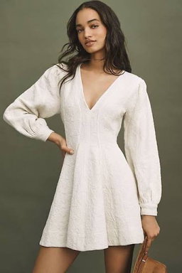Anthropologie Pilcro Long-Sleeved Textured Cream Mini Fit & Flare Dress