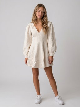 Anthropologie Pilcro Long-Sleeved Textured Cream Mini Fit & Flare Dress