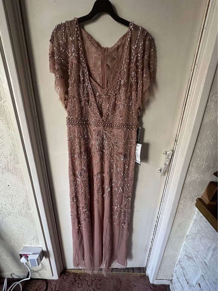 Adrianna Papell Beaded Mesh Maxi Dress Rose Gold _5