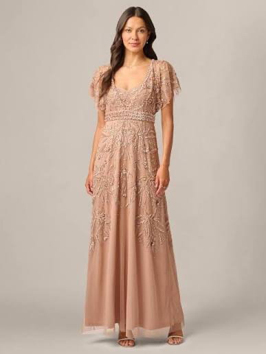 Adrianna Papell Beaded Mesh Maxi Dress Rose Gold 