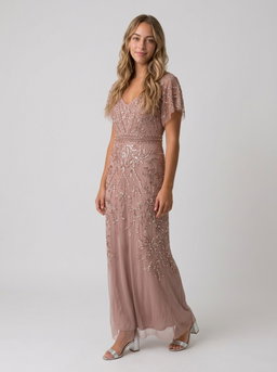 Adrianna Papell Beaded Mesh Maxi Dress Rose Gold 