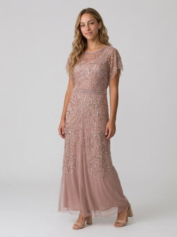 Adrianna Papell Beaded Mesh Maxi Dress Rose Gold 