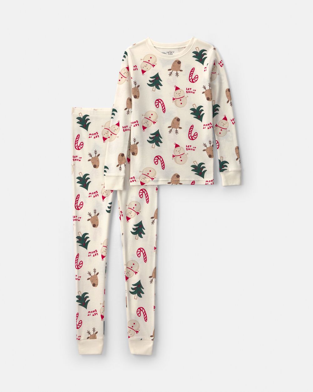 Kids 2-Piece Christmas Holiday Icon 100% Cotton Snug Fit Pajama Set - Cream