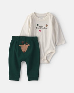 Baby 2-Piece 'Baby's First Christmas' Long-Sleeve Bodysuit & Pant Set - Ivory/Green