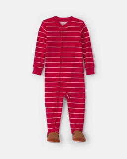 Baby 1-Piece Moose Striped 2-Way Zip DreamPlush Snug Fit Footed Pajama - Red