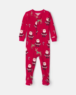 Baby 1-Piece Beige Santa Christmas 2-Way Zip 100% Cotton Snug Fit Footed Pajama - Red