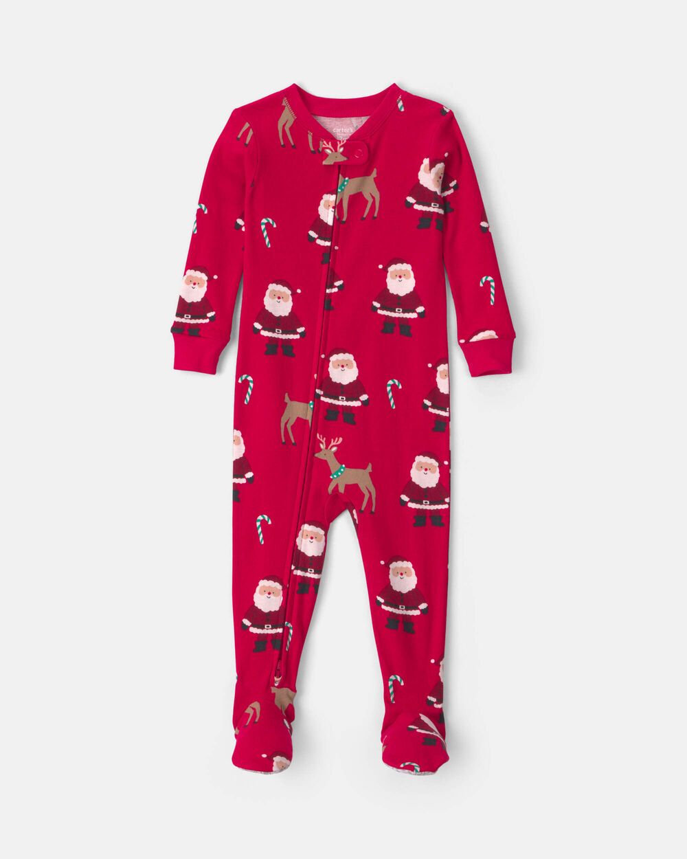 Baby 1-Piece Beige Santa Christmas 2-Way Zip 100% Cotton Snug Fit Footed Pajama - Red
