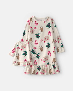 Girls 2-Piece Christmas Icon Fleece Loose Fit Night Gown & Doll Gown - Cream