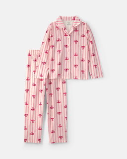 Girls Bow Print Relaxed Fit Pajama Set - Pink