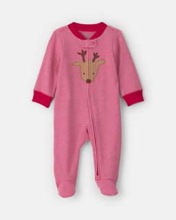 Baby Reindeer 100% Cotton 2-Way Zip Sleep & Play Pajamas - Red