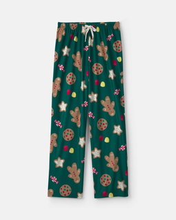 Adult Christmas Gingerbread Fleece Loose Fit Pajama Bottoms - Green
