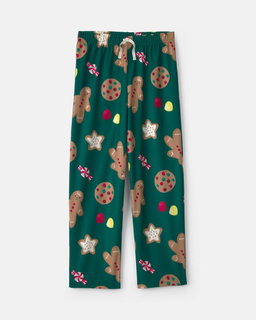 Kids Christmas Gingerbread Fleece Loose Fit Pajama Bottoms - Green
