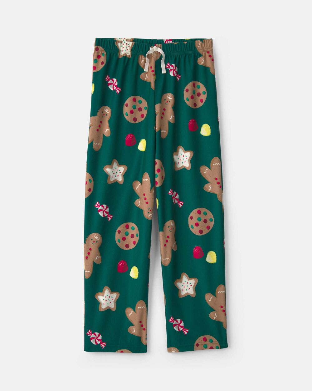 Kids Christmas Gingerbread Fleece Loose Fit Pajama Bottoms - Green