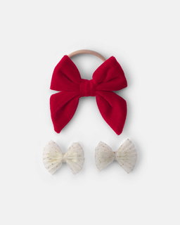 Baby Girl 3-Pack Christmas Bow Headwrap & Hair Clips - Red/Cream
