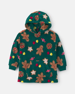 Kids Christmas Gingerbread Fleece Pajama Hoodie - Green