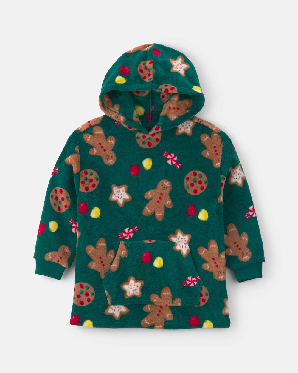 Kids Christmas Gingerbread Fleece Pajama Hoodie - Green