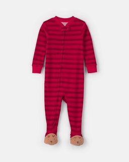 Baby 1-Piece Striped Reindeer 2-Way Zip 100% Cotton Snug Fit Footed Pajama - Red