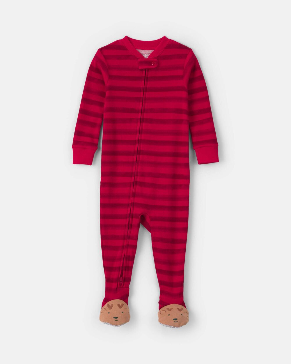 Baby 1-Piece Striped Reindeer 2-Way Zip 100% Cotton Snug Fit Footed Pajama - Red