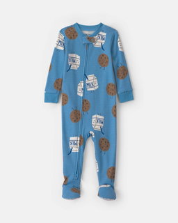 Baby Boy 1-Piece Milk & Cookies 2-Way Zip 100% Cotton Snug Fit Footed Pajama - Blue