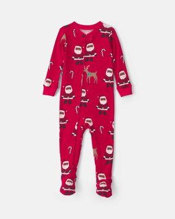 Toddler 1-Piece Brown Santa Christmas 100% Cotton Snug Fit Footed Pajama - Red