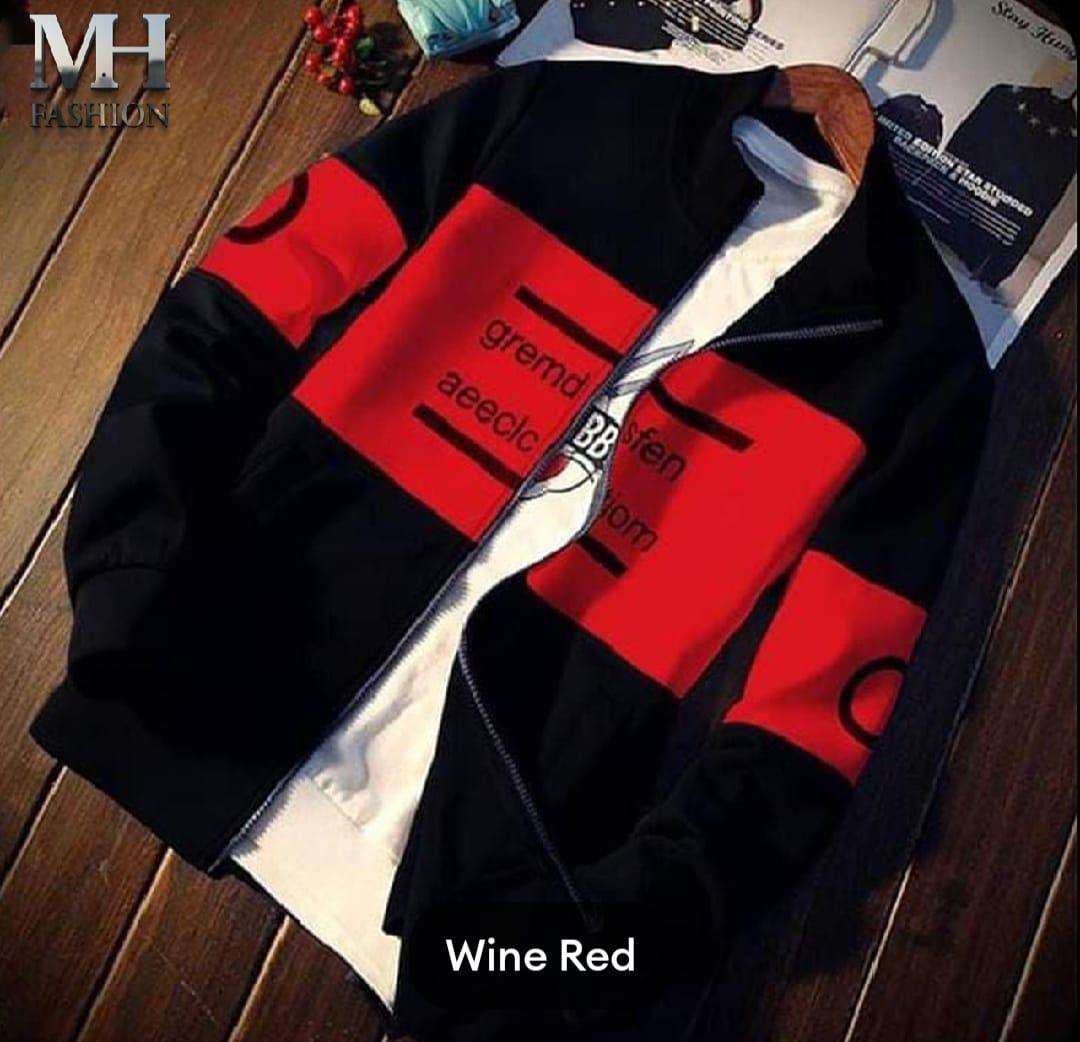 Men Fleece printed zipper jacket Wine Red Medium to XL_0