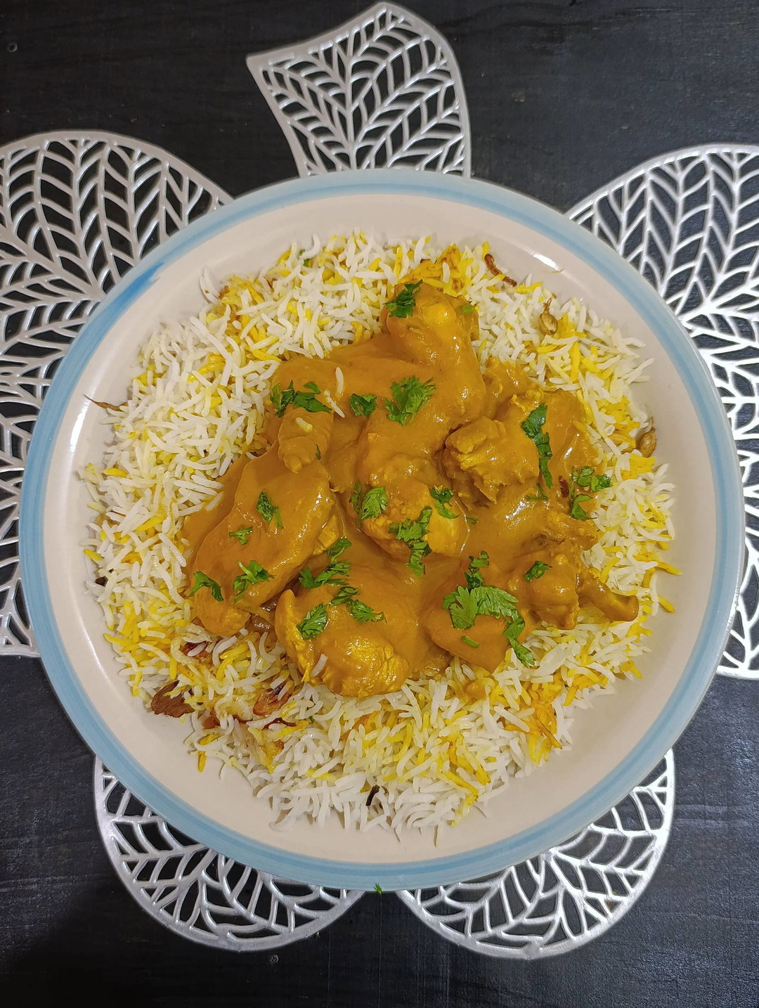 Biryani-style turmeric rice and butter chicken