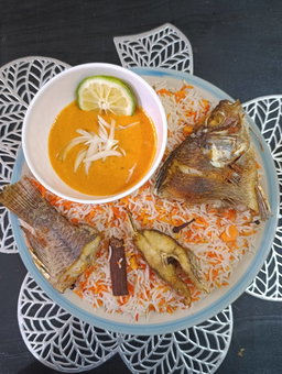 Biryani-style carrot rice and fish