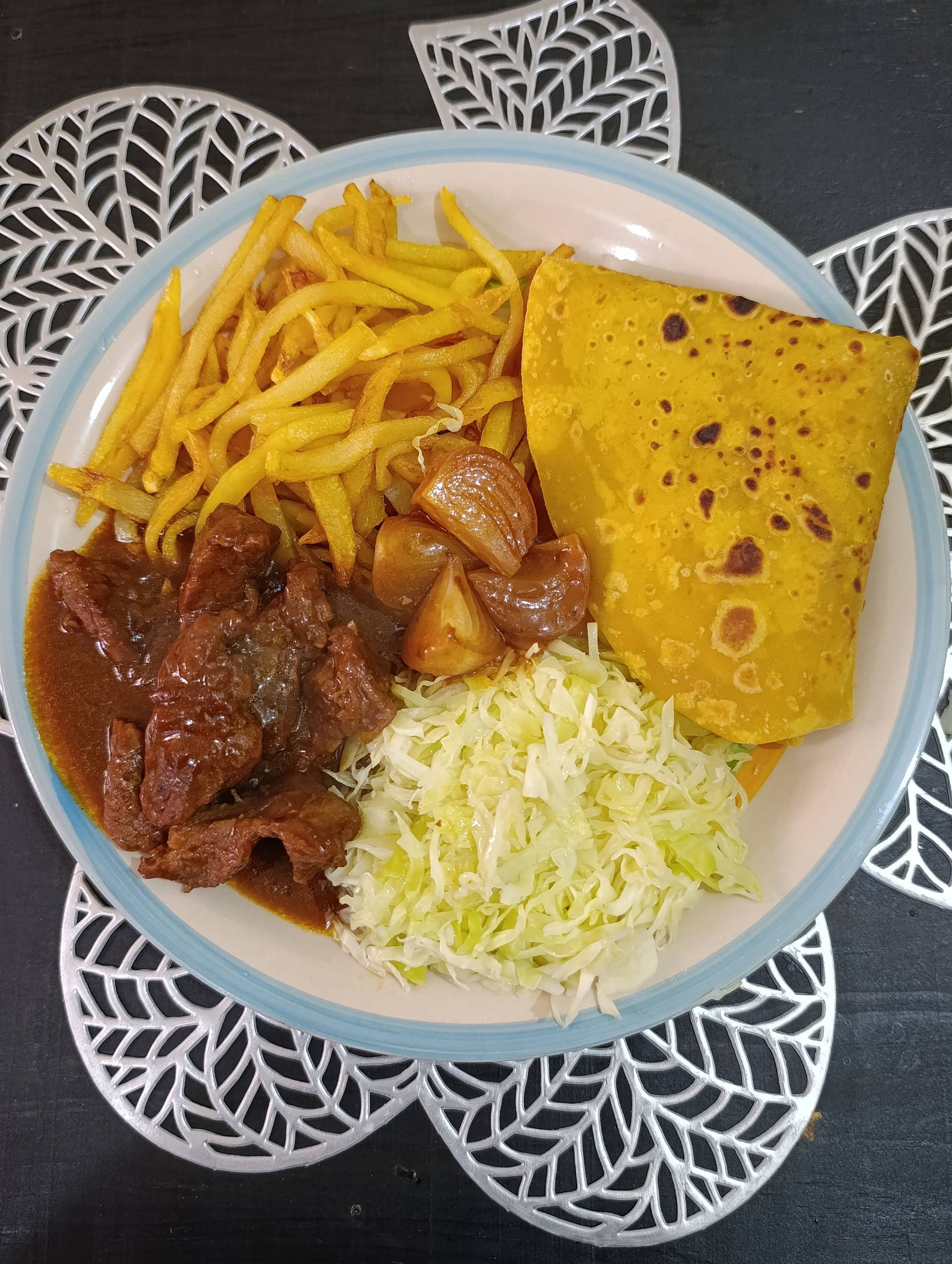 Rich Beef Stew with Golden Fries, Carrot Chapatti & Cabbage_0