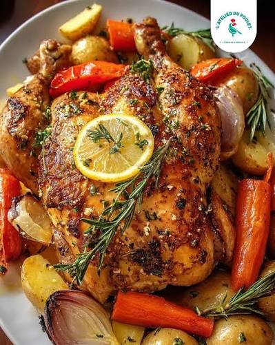 Poulet rôti au thym, aux pommes de terre et aux légumes_0