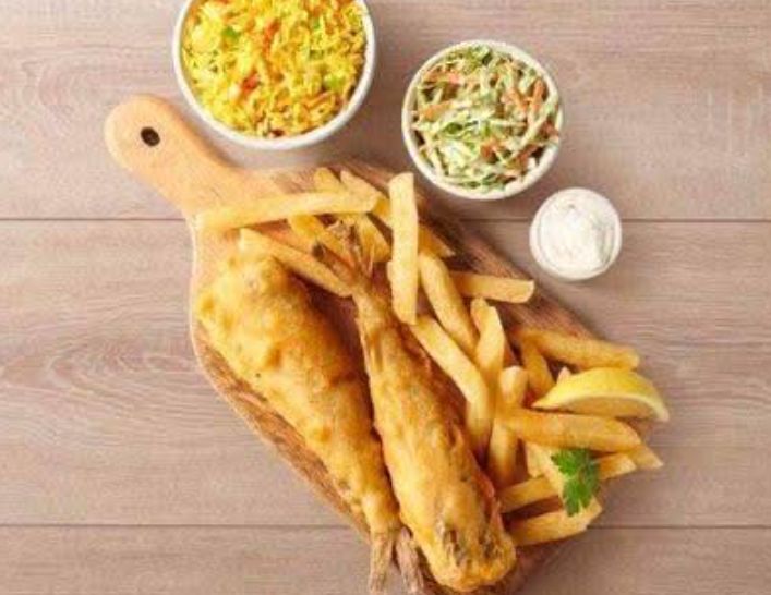 2 whole baby hake . Rice . Chips.coleslaw