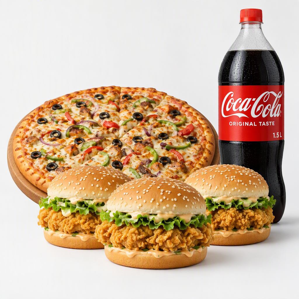 1XPARTY PIZZA 3XZINGER BURGER 1X1.5LTR DRINK