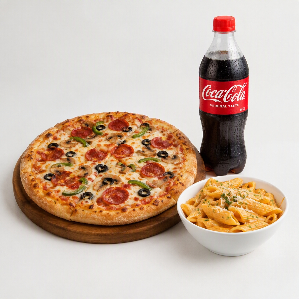 deal mideum pizza 1x small pasta 1x half litter drink