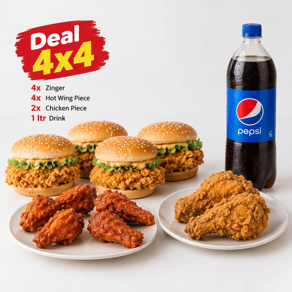 Deal 4x4 (4x Zinger 4x Hot Wing Piece 2x Chicken Piece 1 ltr drink