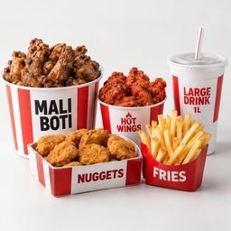 1XLARGE MALI BOTI 1XHOT WINGS 1XNUGGETS 1XFRIES 1XLTR DRINK
