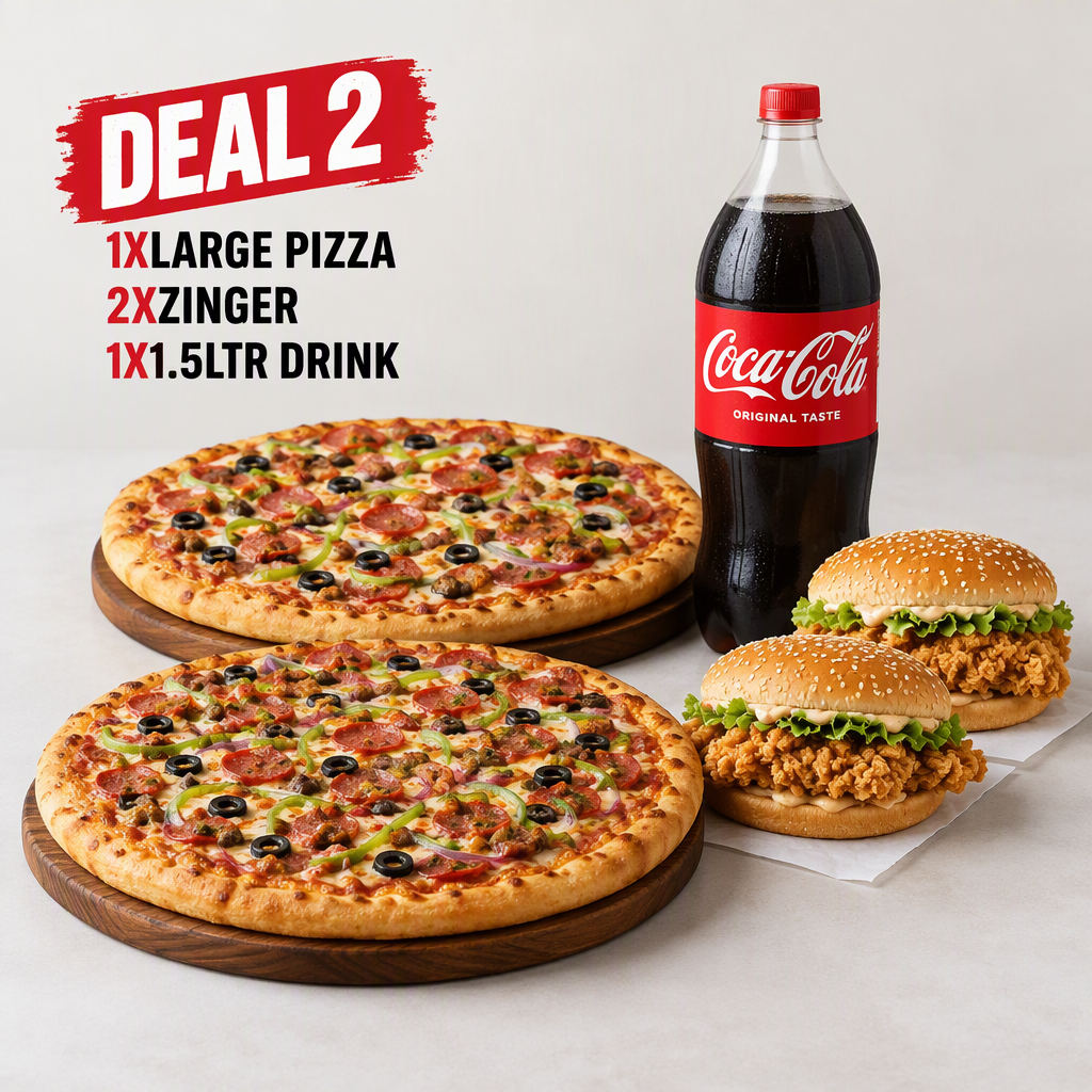 DEAL 2 1XLARGE PIZZA 2XZINGER 1X1.5LTR DRINK