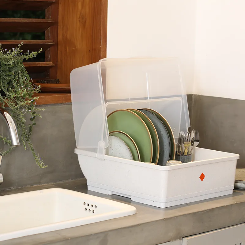 Dish Drying Rack with Clear Flip Lid (Plate Rack)