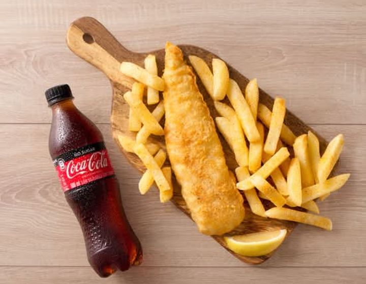 Hake. chips. drinks