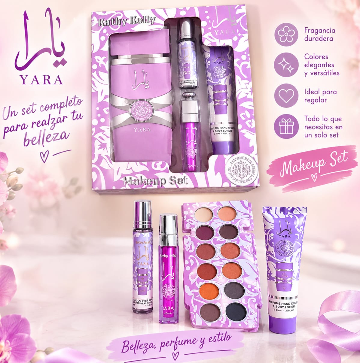 Set Makeup con perfume y crema Yara (Morado)