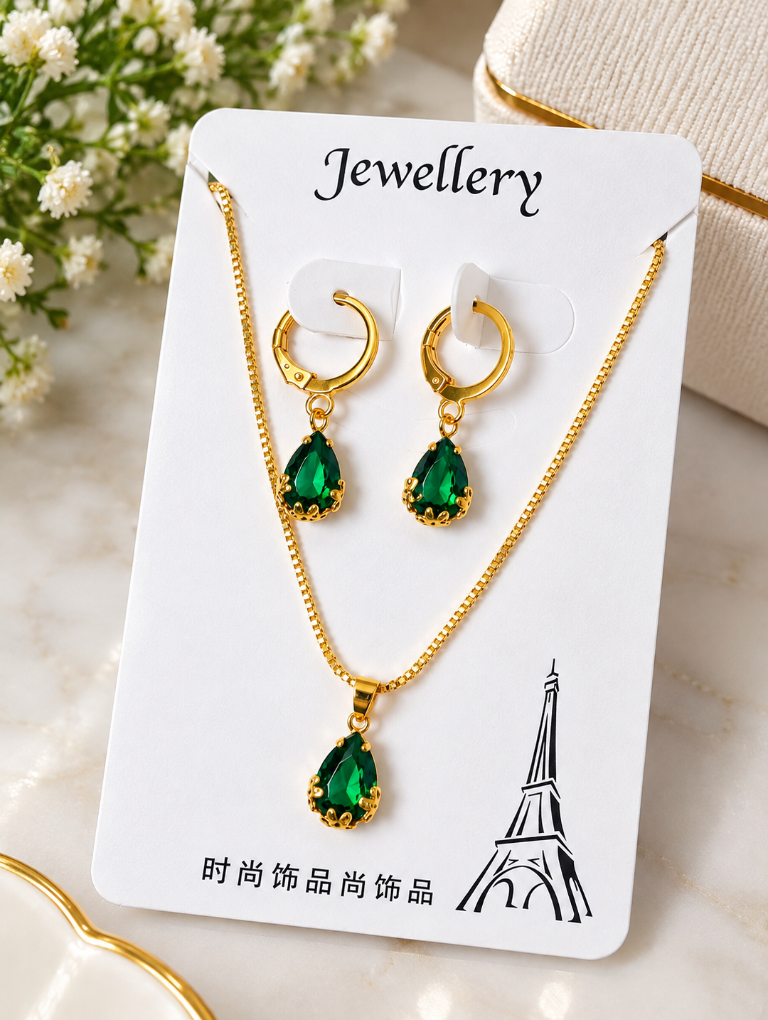 Green Emerald Stone Gold-Plated Jewellery Set