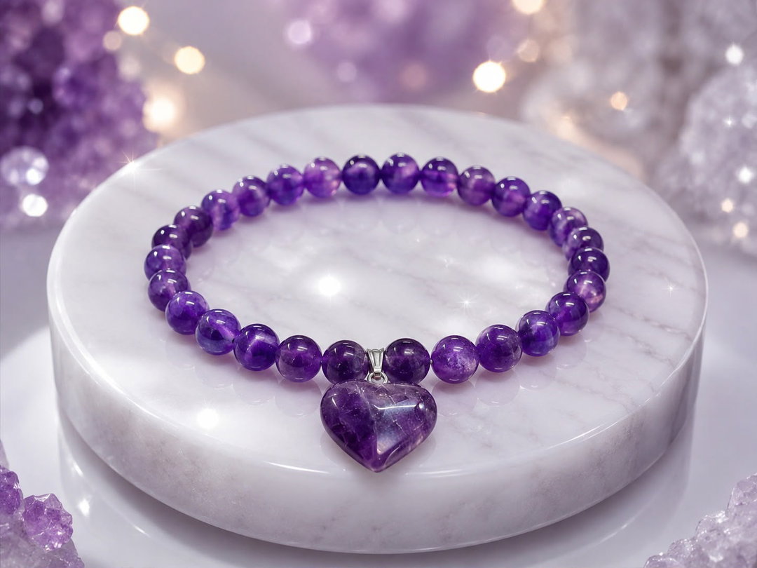 Purple Amethyst Heart Pendant Beaded Bracelet