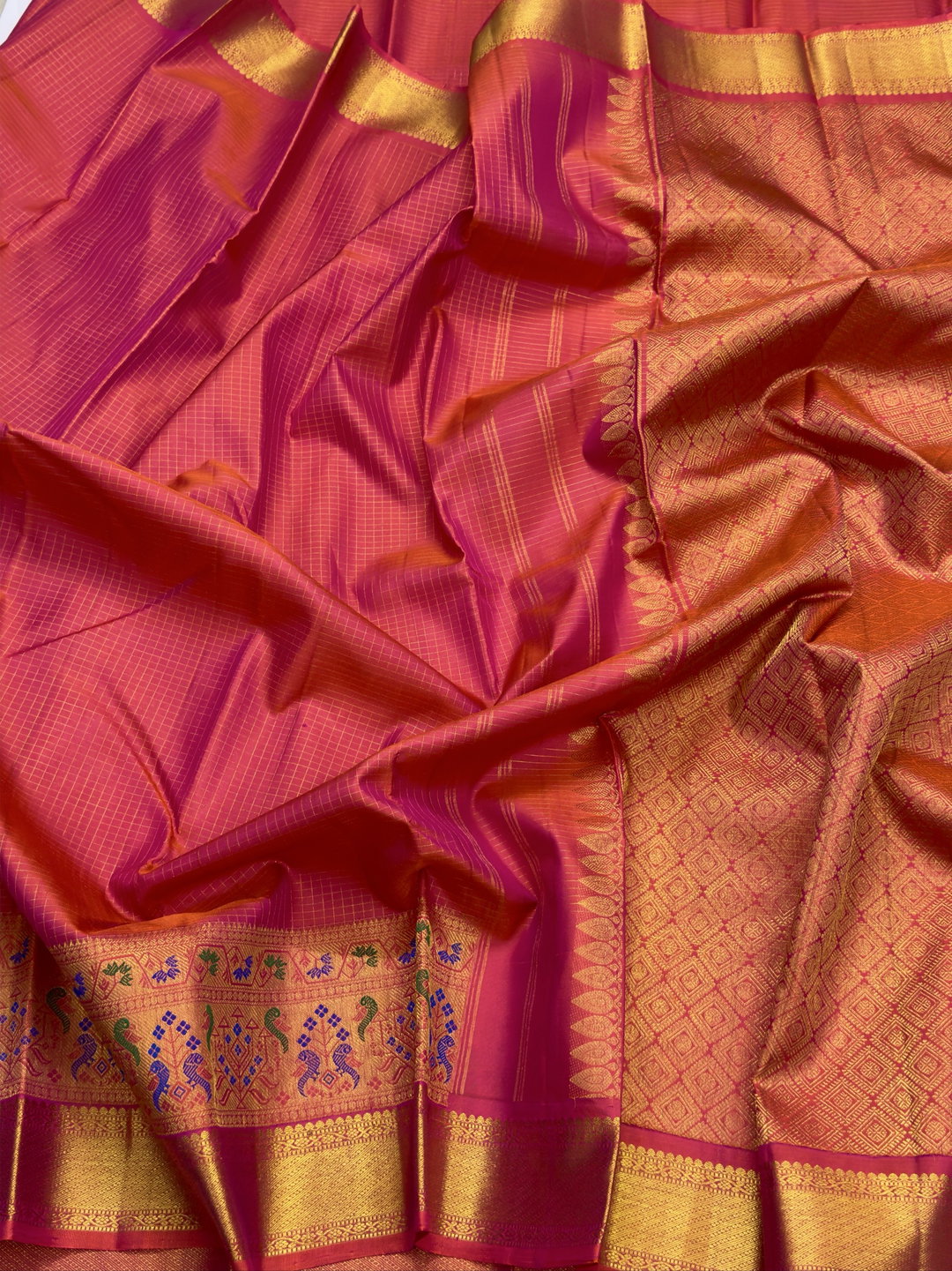 Orangish pink kanchipuram with skirt border