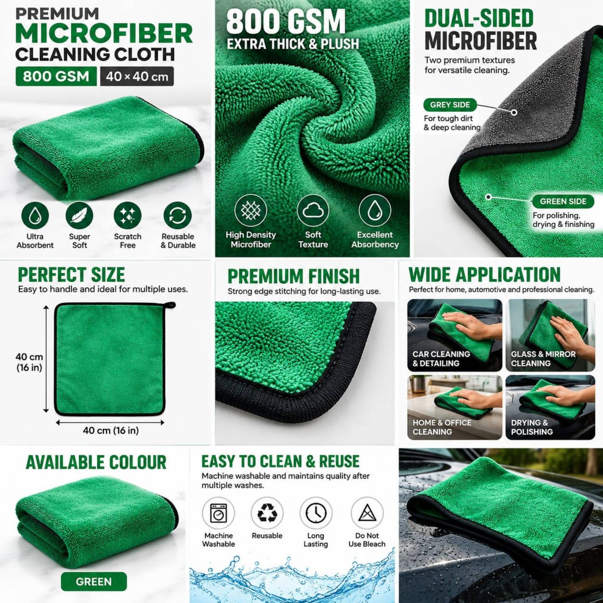 Microfiber 800GSM, 40x40cm, Green Colour_0