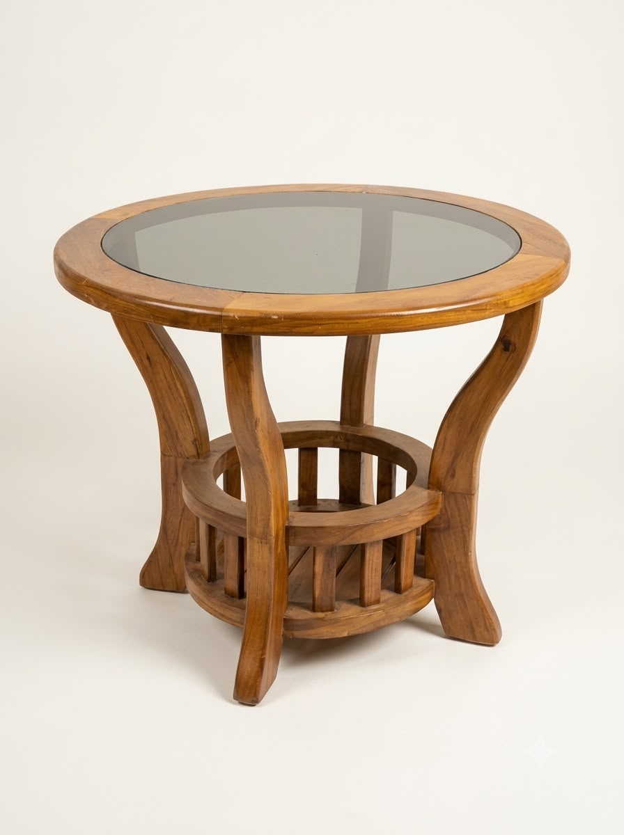 ROUND SOLID TEAK WOOD GLASS-TOP TEAPOY